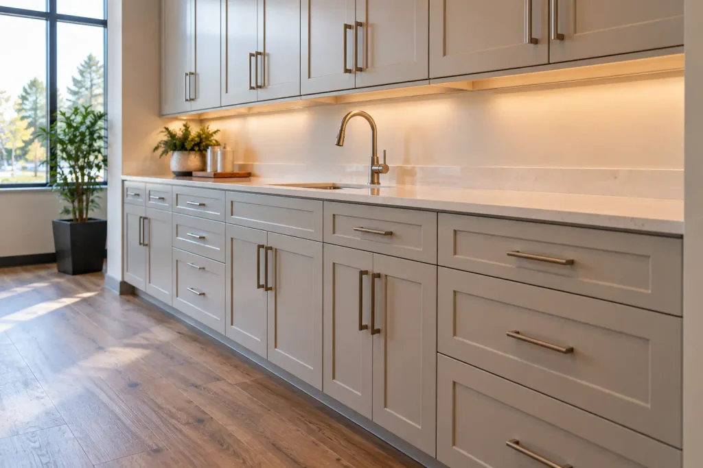 A finished run of custom cabinetry with evenly aligned doors and drawer fronts installed in a room.