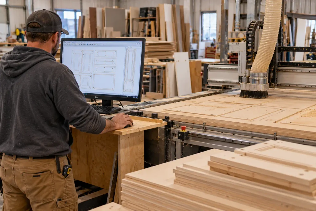 A technician checking a cabinet cut file on a computer while a CNC router cuts matching parts in the background.