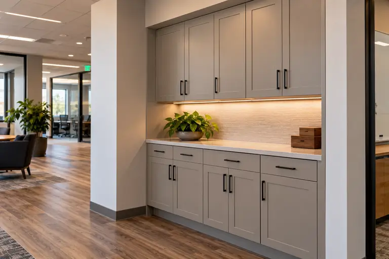 Built-in cabinetry fitted into a wall recess beside a column in a commercial office space.
