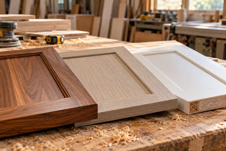 Several cabinet door material samples including solid wood, laminate, and moisture-resistant panels laid side by side.