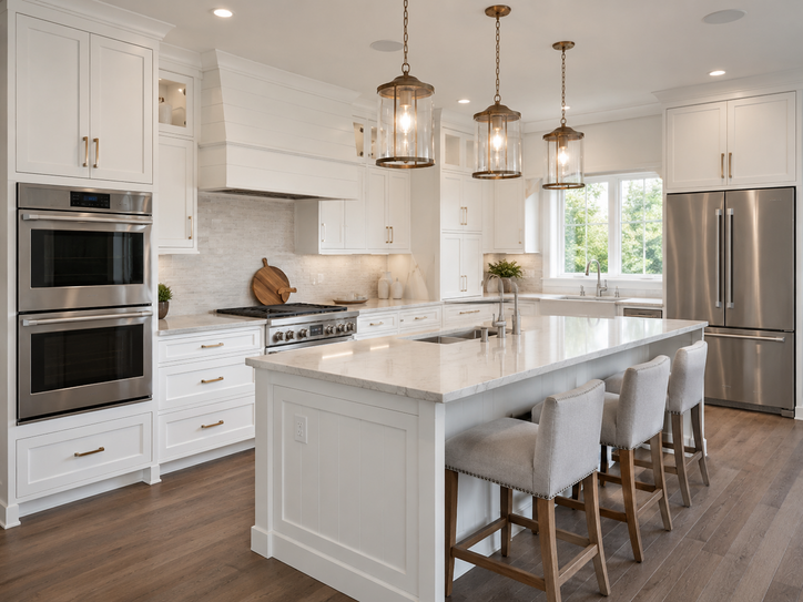Custom white shaker kitchen cabinetry with integrated stainless steel appliances, a large island, and pendant lighting in a bright modern kitchen.