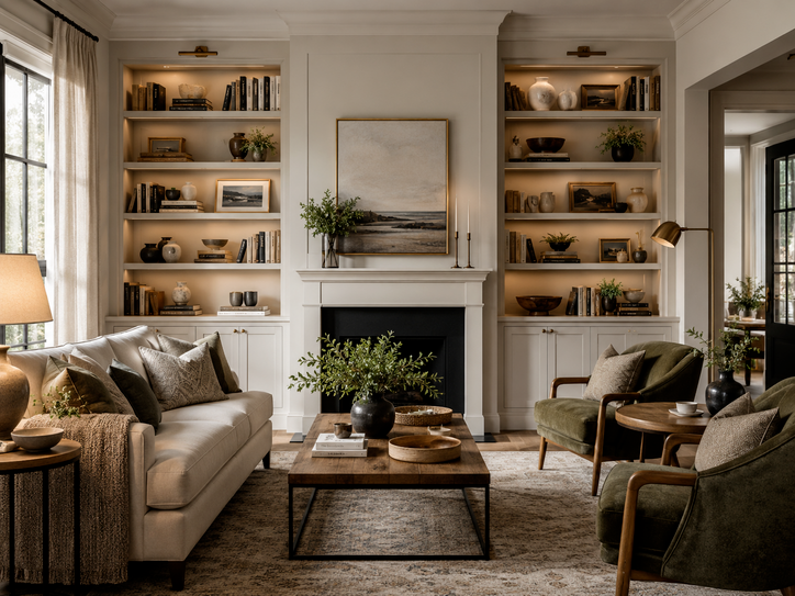 Cozy living room with custom built-in bookshelves flanking a fireplace, styled with books, decor, warm lighting, neutral seating, and green accent chairs.