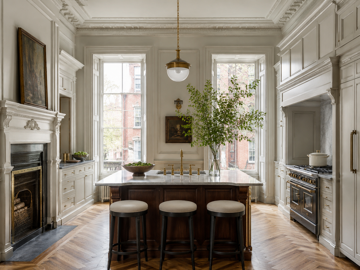  Historic Boston kitchen with period millwork details, high ceiling, and original architectural character