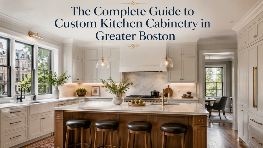 Elegant custom kitchen cabinetry in a Greater Boston home with white cabinets, wood island, marble countertops, and large windows.