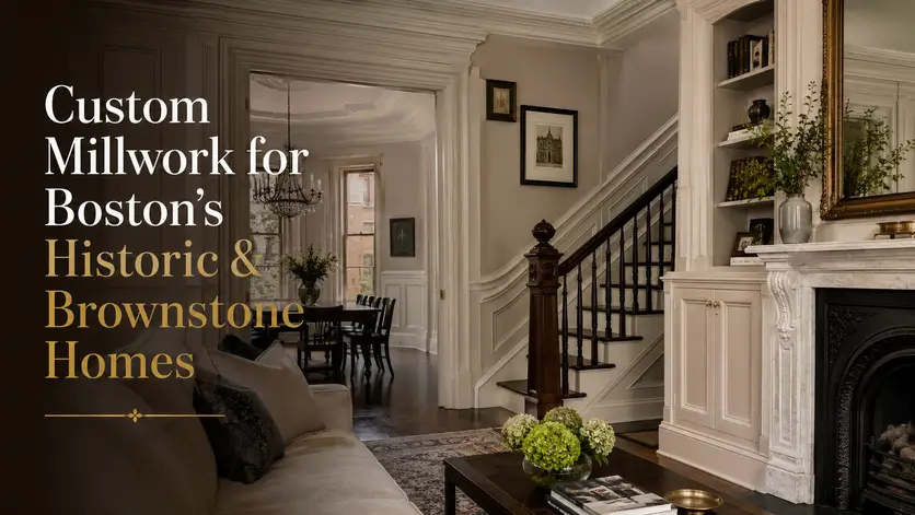 Elegant Boston brownstone interior featuring custom millwork, detailed crown molding, built-in cabinetry, a marble fireplace, and a classic staircase, showcasing historic architectural craftsmanship.