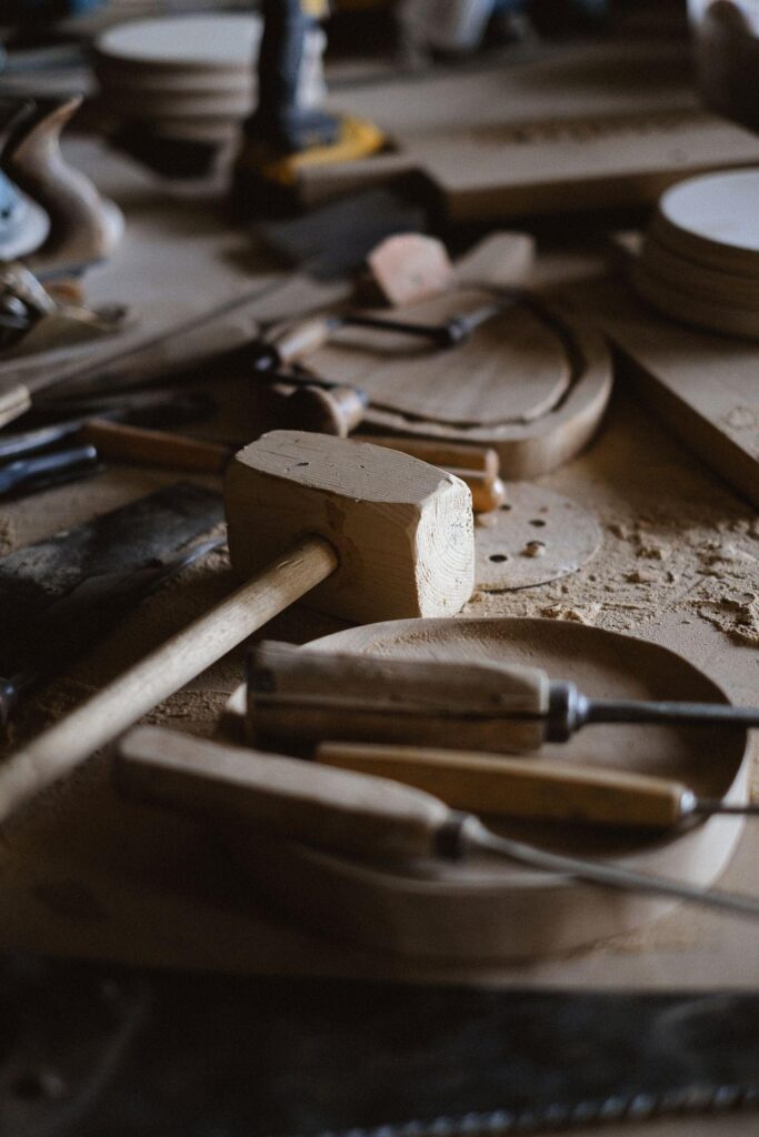 Carpentry tools laid out on a workbench
