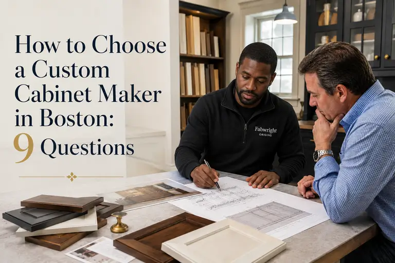 Custom cabinet maker in Boston reviewing detailed cabinet plans with a homeowner at a design studio, surrounded by wood samples and cabinetry materials during a project consultation.