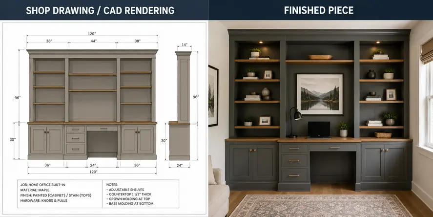 Side-by-side comparison of a custom cabinet shop drawing (CAD rendering) and the completed built-in home office, showing the design plan alongside the finished installation.