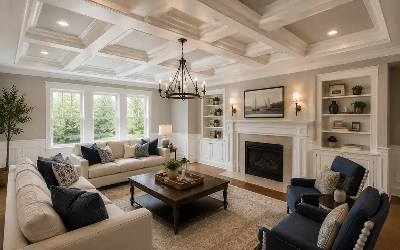 Elegant Greater Boston living room featuring a custom white coffered ceiling, crown molding, recessed lighting, built-in shelving, and a fireplace.