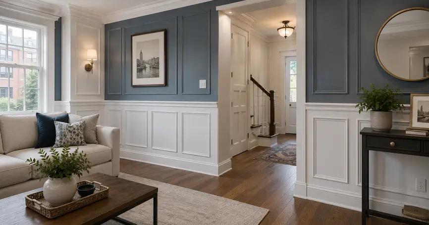 Elegant Boston living room featuring custom white wainscoting, decorative blue-gray wall paneling, crown molding, and hardwood floors.