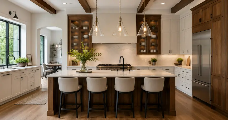 Wide view of a finished custom kitchen featuring a large island, quartz countertops, custom cabinetry, pendant lighting, and stainless steel appliances.