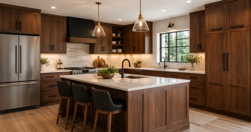 Modern remodeled kitchen featuring custom walnut cabinetry, a large white quartz island with seating, black hardware, stainless steel appliances, and warm pendant lighting.