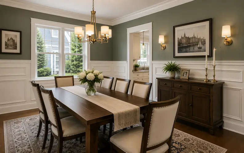 Custom white raised-panel wainscoting in a Greater Boston dining room with sage-green walls, crown molding, hardwood floors, and traditional furnishings.