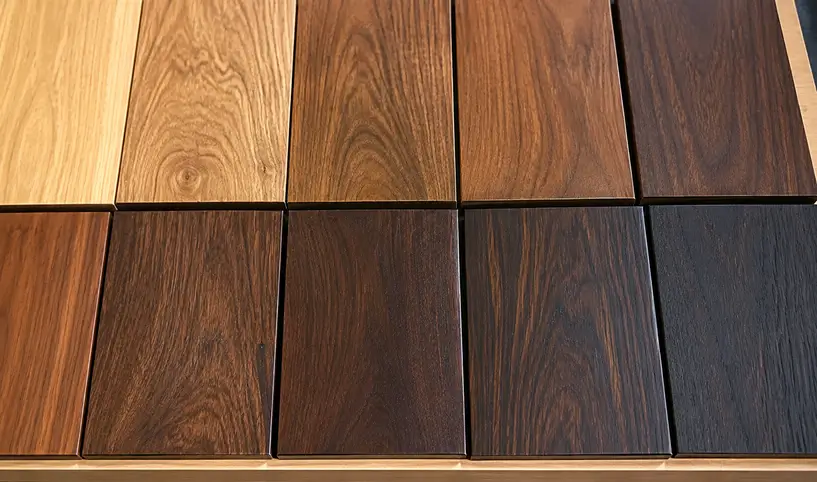 Close-up of real wood-grain cabinet samples in a woodworking shop, displaying a range of natural hardwood species and stain colors from light oak to dark walnut.