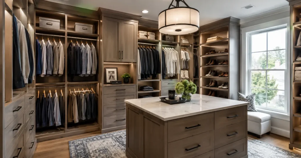 Luxury custom walk-in closet with built-in wardrobe millwork, wood cabinetry, illuminated shelving, center island, and window seating in a Greater Boston home.