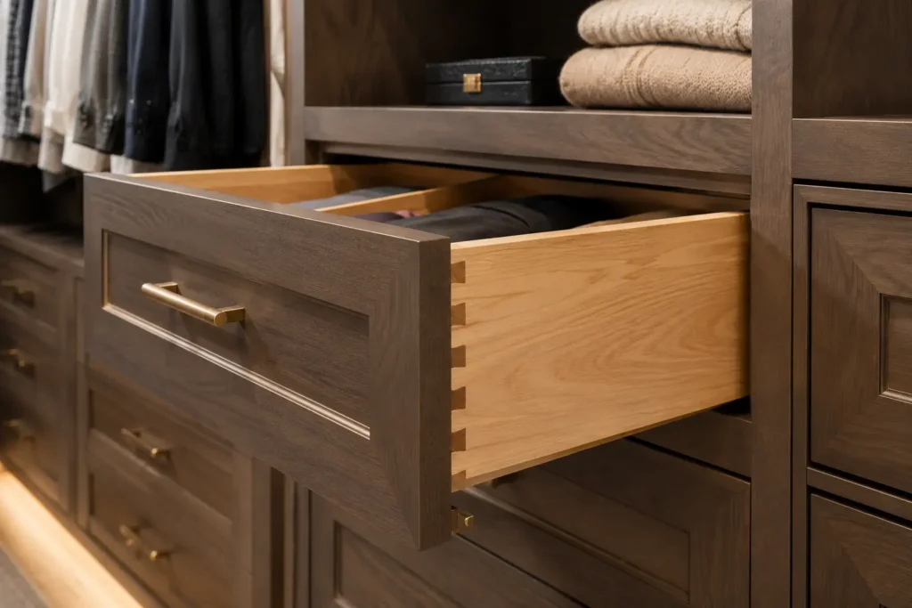 Close-up of a dovetailed wood drawer with brass hardware and custom wood cabinetry in a luxury walk-in closet.