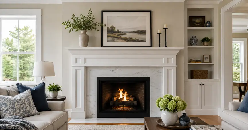 Finished custom white fireplace mantel and marble surround in a bright Greater Boston living room with built-in shelving and traditional millwork.