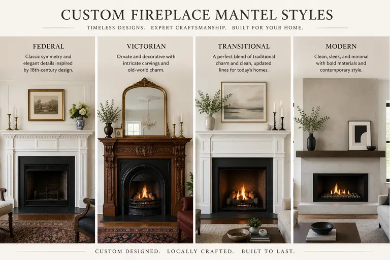 Four custom fireplace mantel styles shown side by side: Federal, Victorian, transitional, and modern designs.
