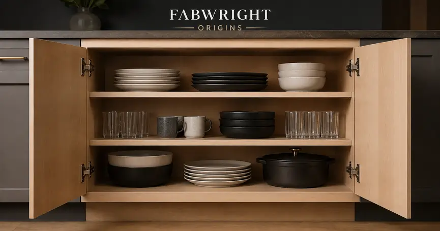 Open frameless custom cabinet showing full-width interior access with organized dishes, glassware, and cookware.