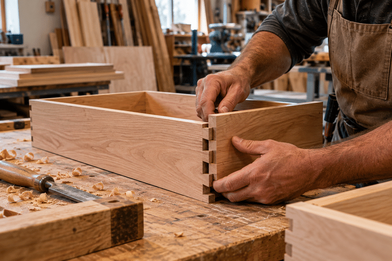 A craftsman assembling a hardwood cabinet drawer box in a custom cabinet shop.
