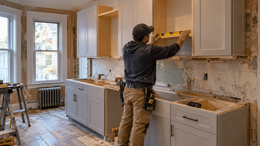 A cabinet installer leveling a custom kitchen cabinet box during a Boston kitchen remodel.