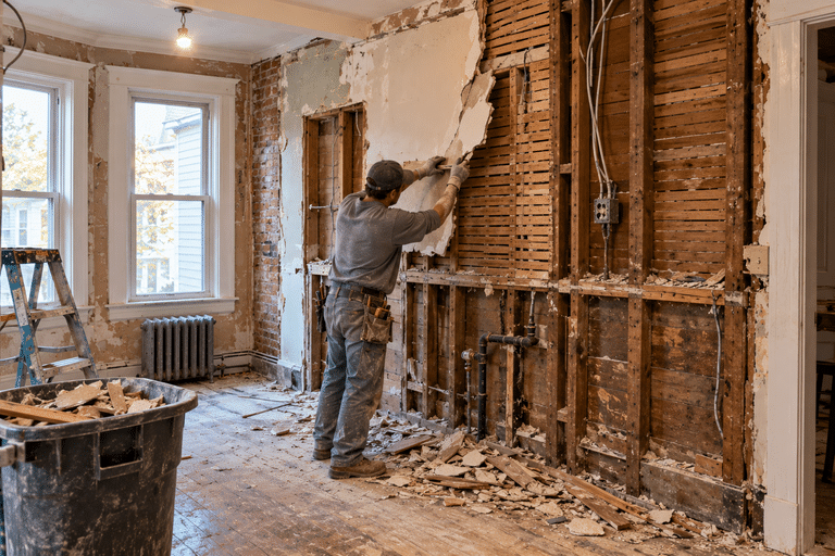Demolition exposing uneven framing and old plaster inside an older Boston home kitchen wall.
