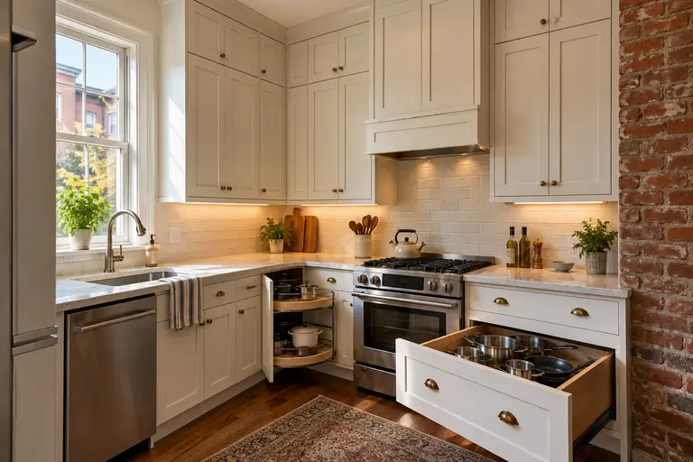 A small kitchen with full-height cabinets, an open deep drawer full of cookware, and a corner pull-out cabinet extended.
