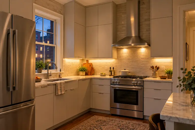 A small kitchen with pale cabinets, stainless appliances, a full-height backsplash, and glowing under-cabinet lighting at evening.
