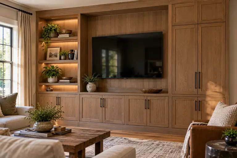 A built-in media wall combining a recessed TV bay, closed storage cabinets, and open flanking shelves.
