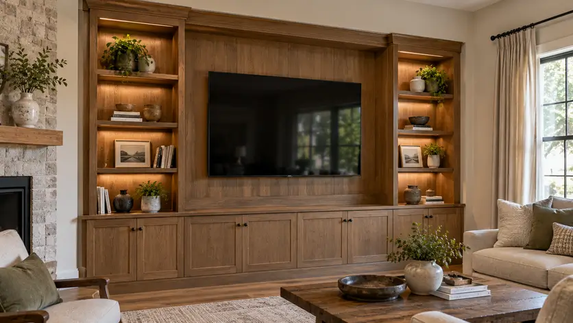 A custom built-in entertainment center spanning floor to ceiling with a recessed TV bay and flanking storage towers.